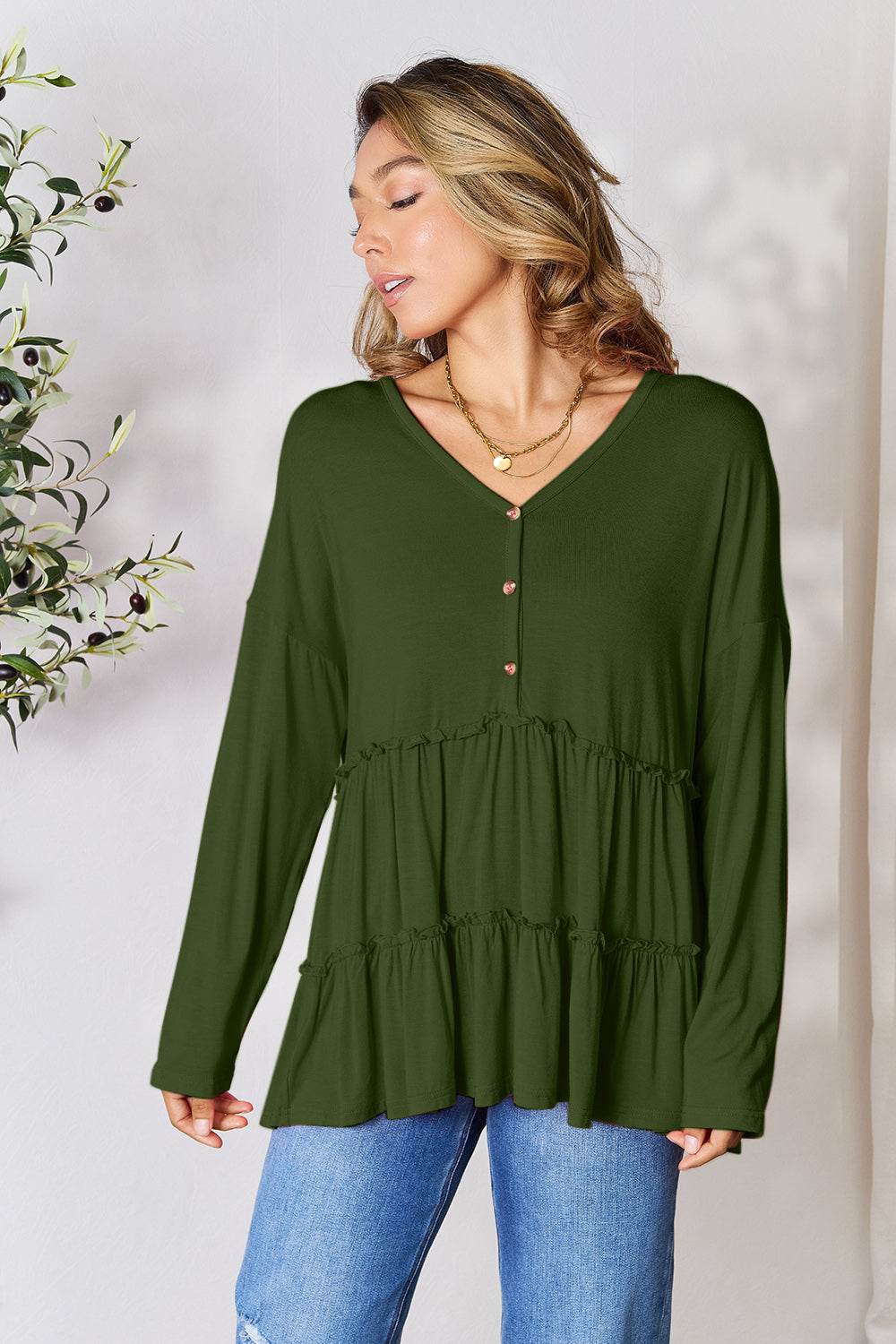 Double Take Half Button Long Sleeve Ruffle Hem Blouse - Delanoir