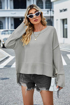 High-Low Slit Round Neck Long Sleeve Sweater - Delanoir