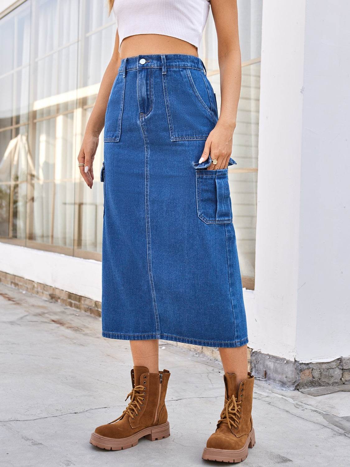 Slit Midi Denim Skirt with Pockets - Delanoir