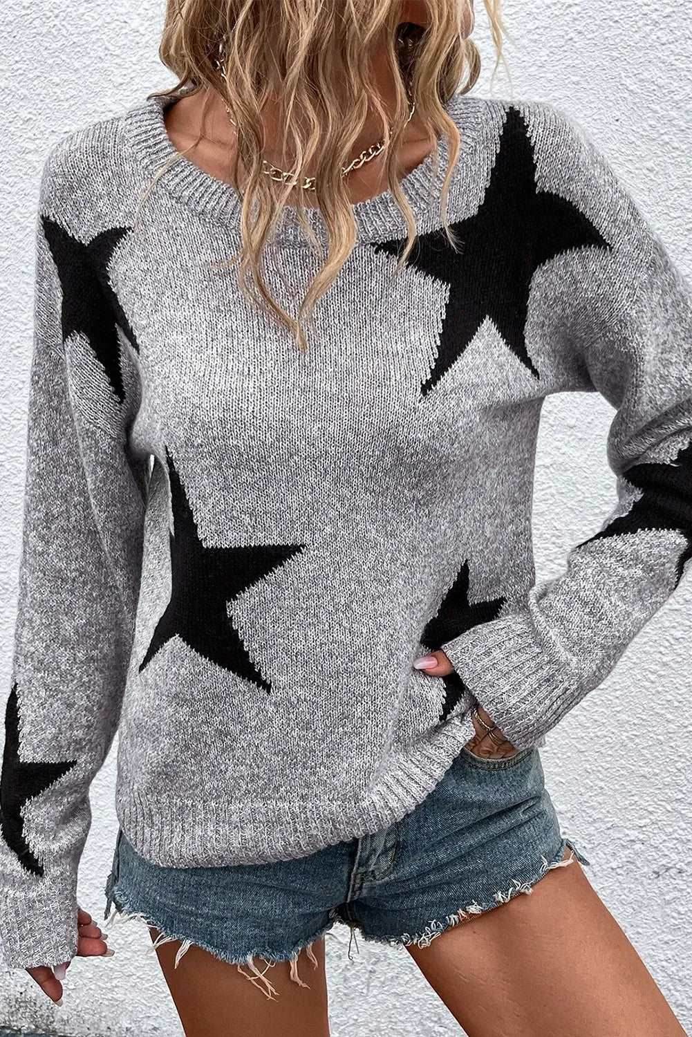 Star Round Neck Dropped Shoulder Sweater - Delanoir