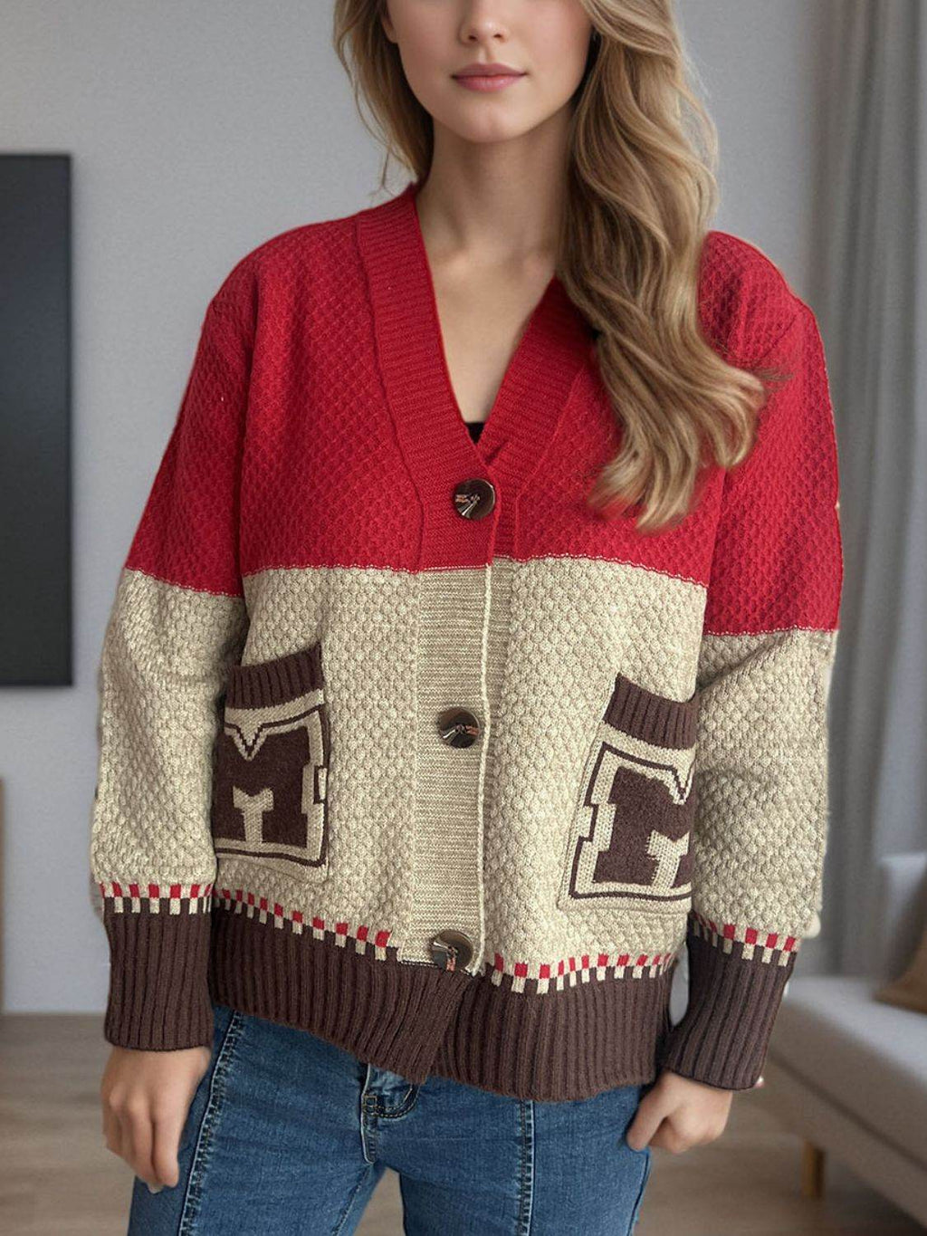 Pocketed Contrast V-Neck Button Up Cardigan - Delanoir