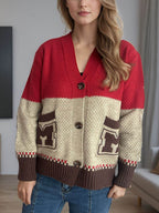 Pocketed Contrast V-Neck Button Up Cardigan - Delanoir