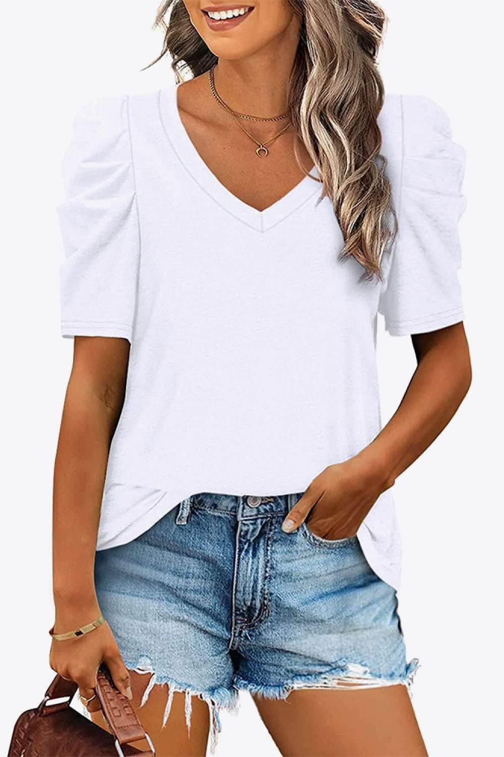V-Neck Puff Sleeve Tee - Delanoir