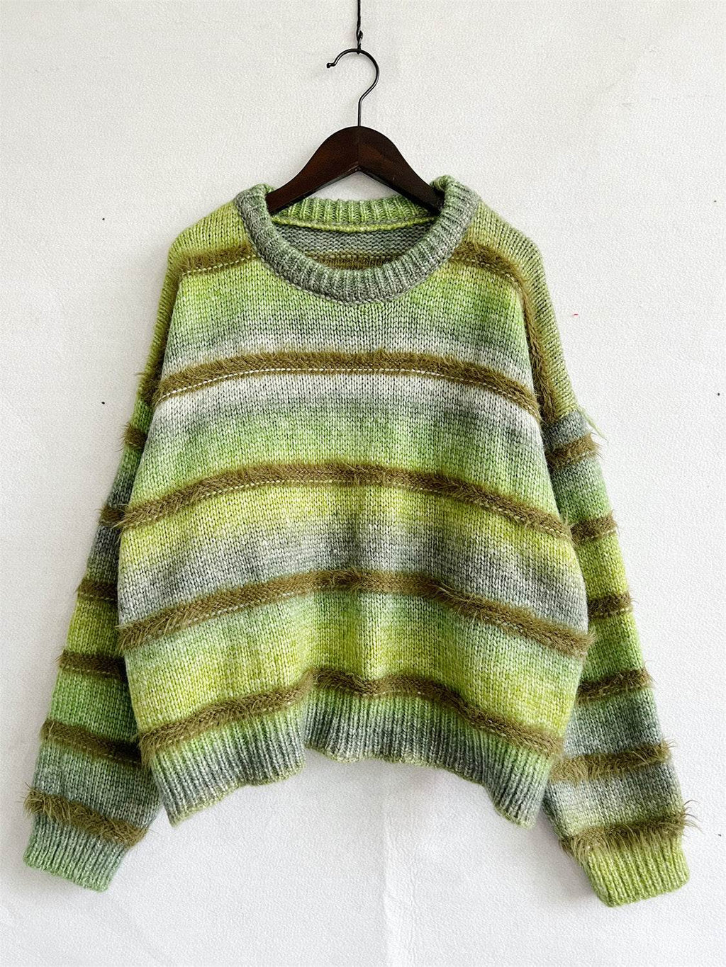 Striped Round Neck Long Sleeve Sweater - Delanoir