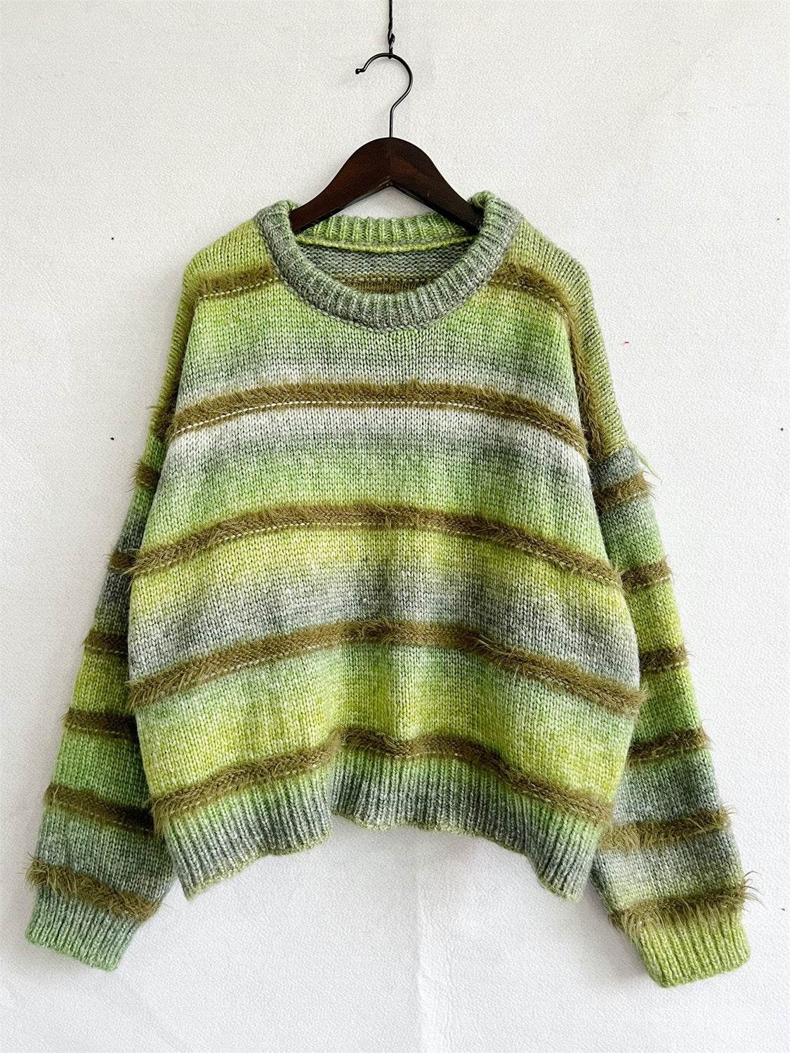 Striped Round Neck Long Sleeve Sweater - Delanoir