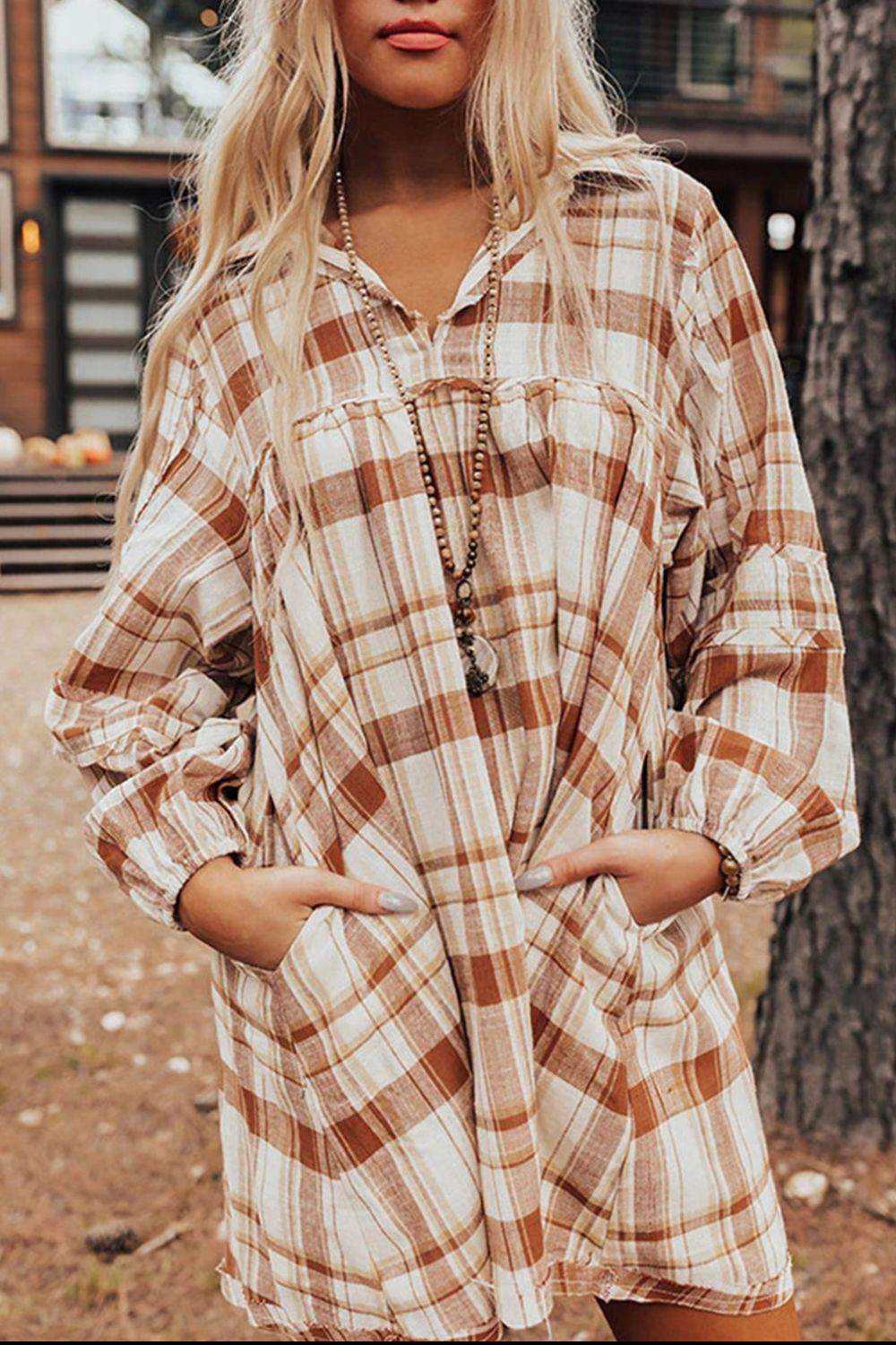 Plaid Collared Neck Long Sleeve Mini Shirt Dress - Delanoir