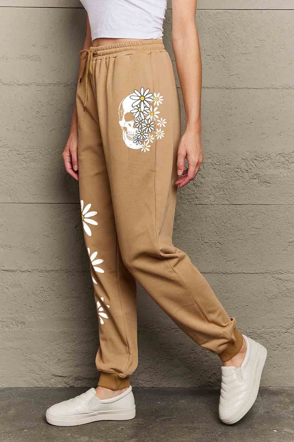 Simply Love Simply Love Full Size Drawstring Flower & Skull Graphic Long Sweatpants - Delanoir