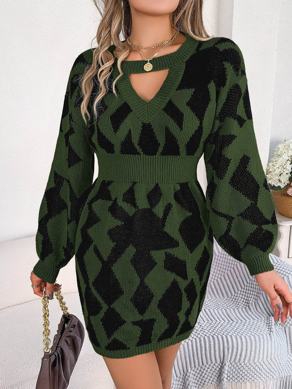 Contrast Round Neck Cutout Long Sleeve Mini Sweater Dress - Delanoir