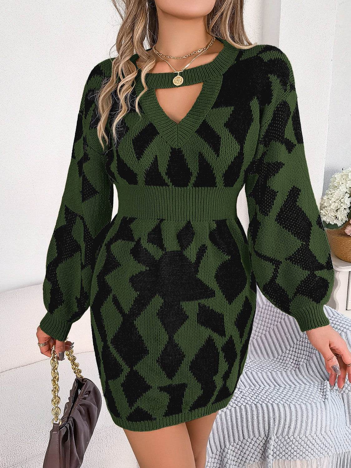 Contrast Round Neck Cutout Long Sleeve Mini Sweater Dress - Delanoir