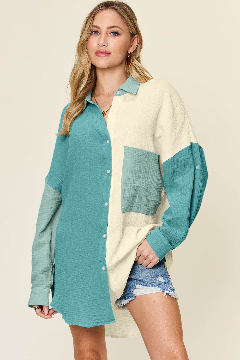 Double Take Full Size Pocketed Texture Button Up Shirt - Delanoir