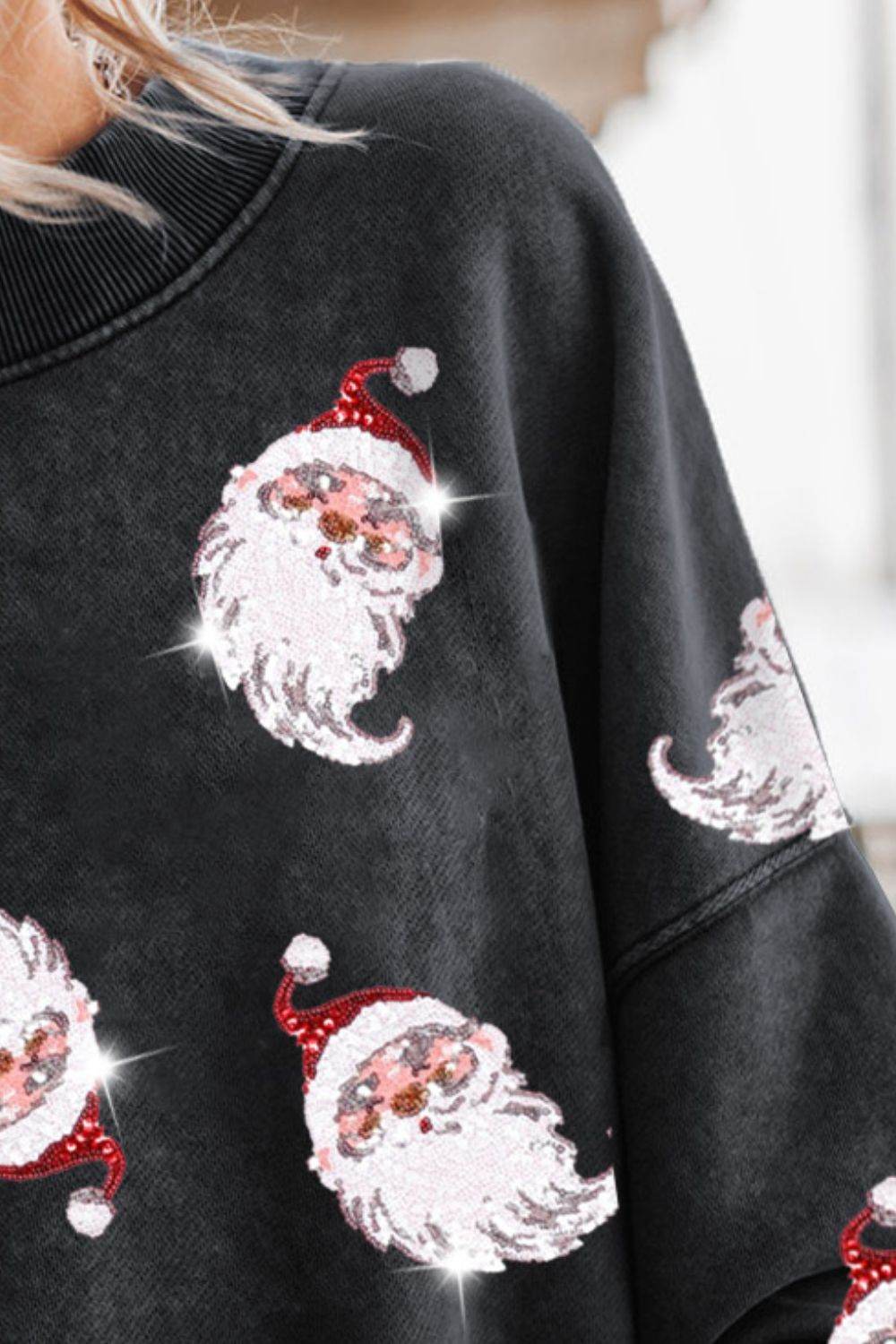 Sequin Santa Round Neck Drop Shoulder Sweatshirt - Delanoir