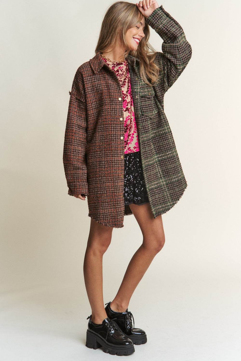 J.NNA Snap Down Tweed Plaid Contrast Longline Shacket - Delanoir