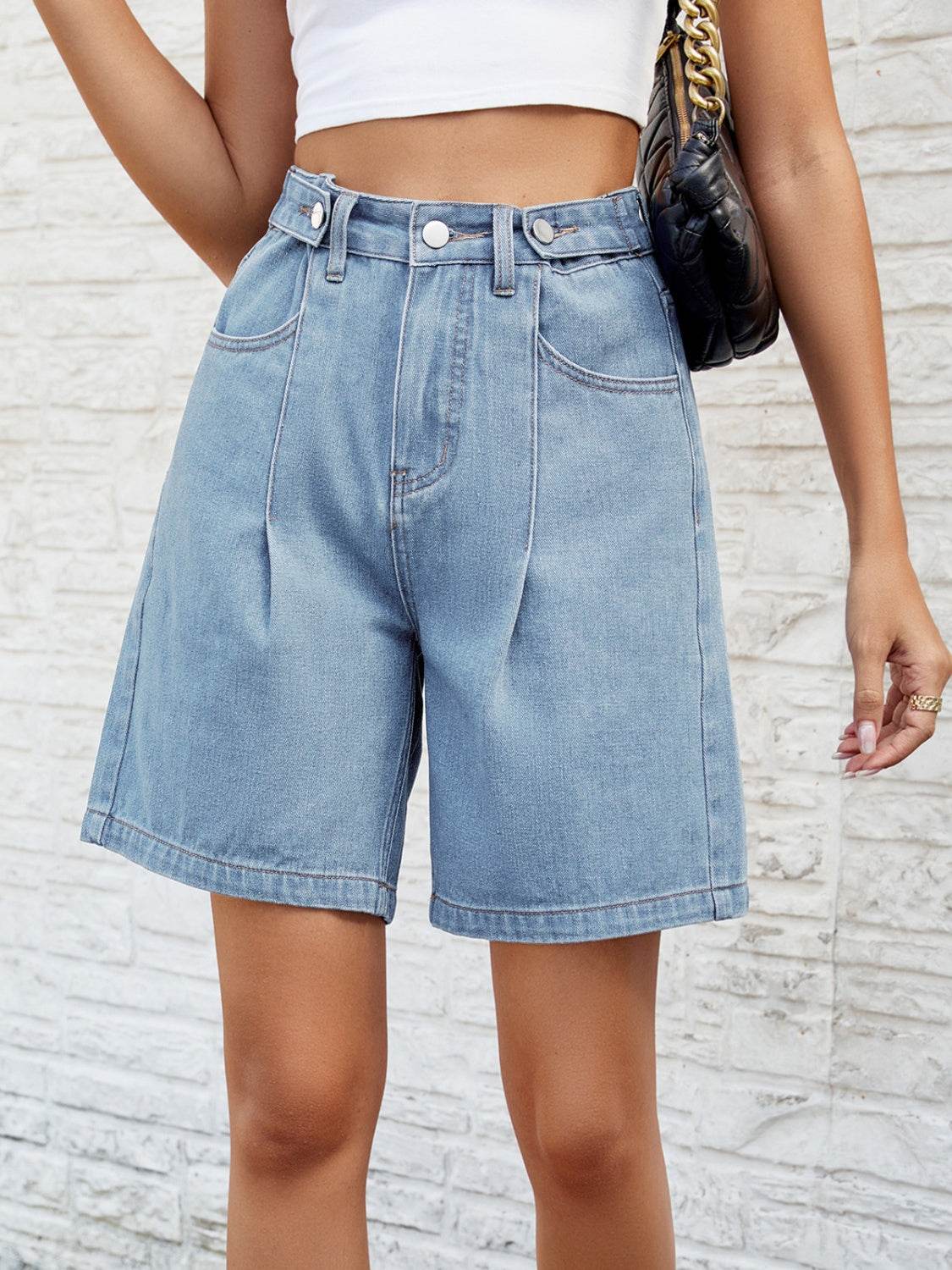 High Waist Denim Shorts with Pockets - Delanoir