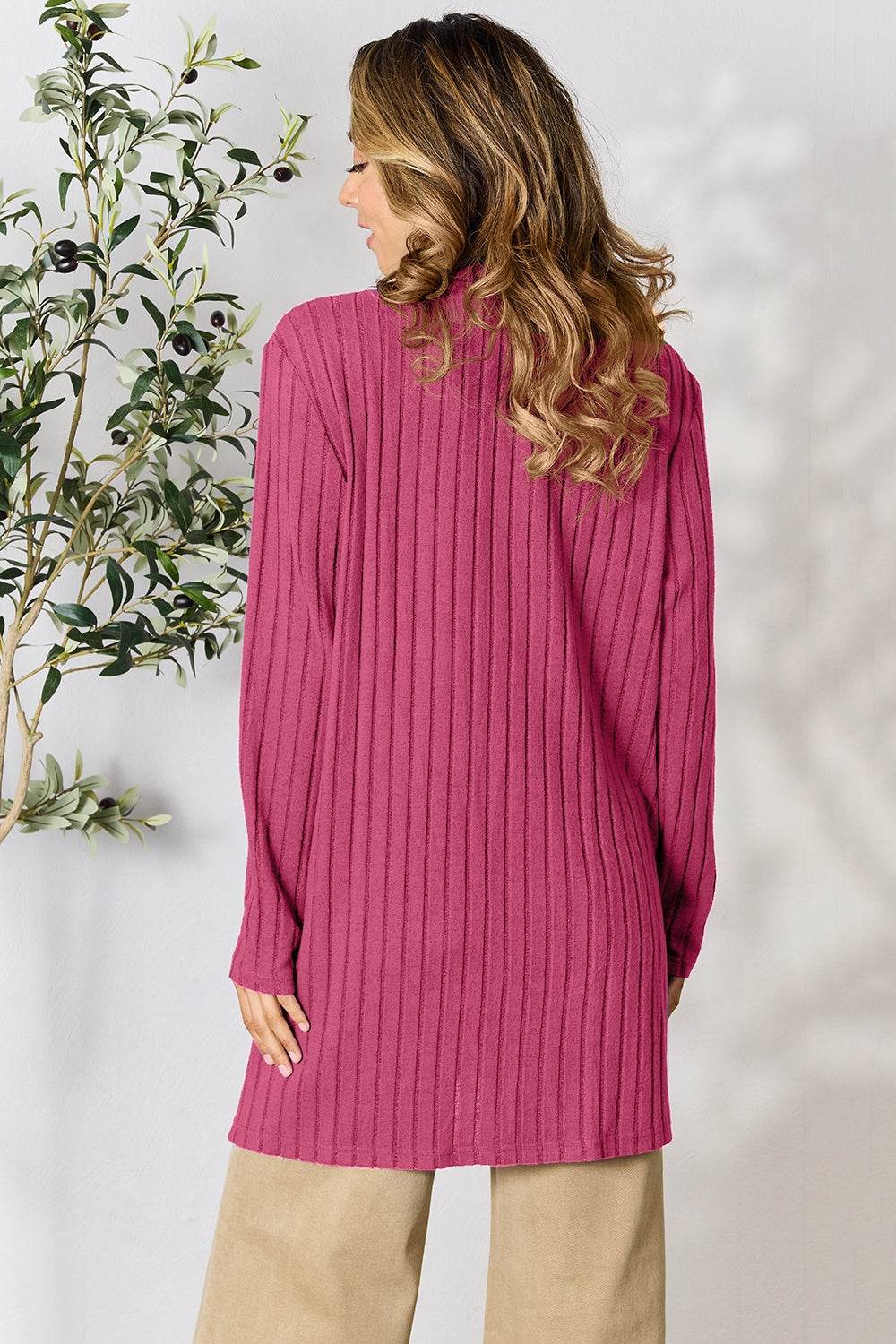 Basic Bae Full Size Ribbed Open Front Cardigan with Pockets - Delanoir