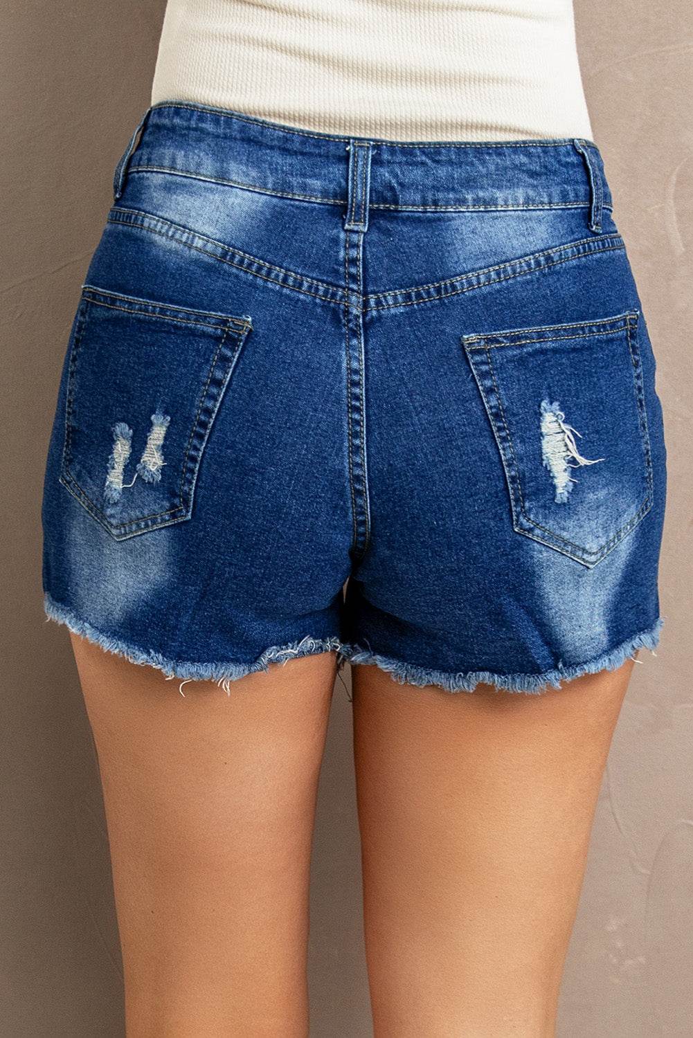 Spliced Lace Distressed Denim Shorts - Delanoir
