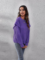 Ruffled Round Neck Dropped Shoulder Sweater - Delanoir