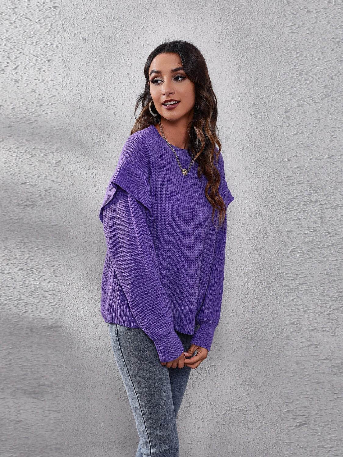 Ruffled Round Neck Dropped Shoulder Sweater - Delanoir