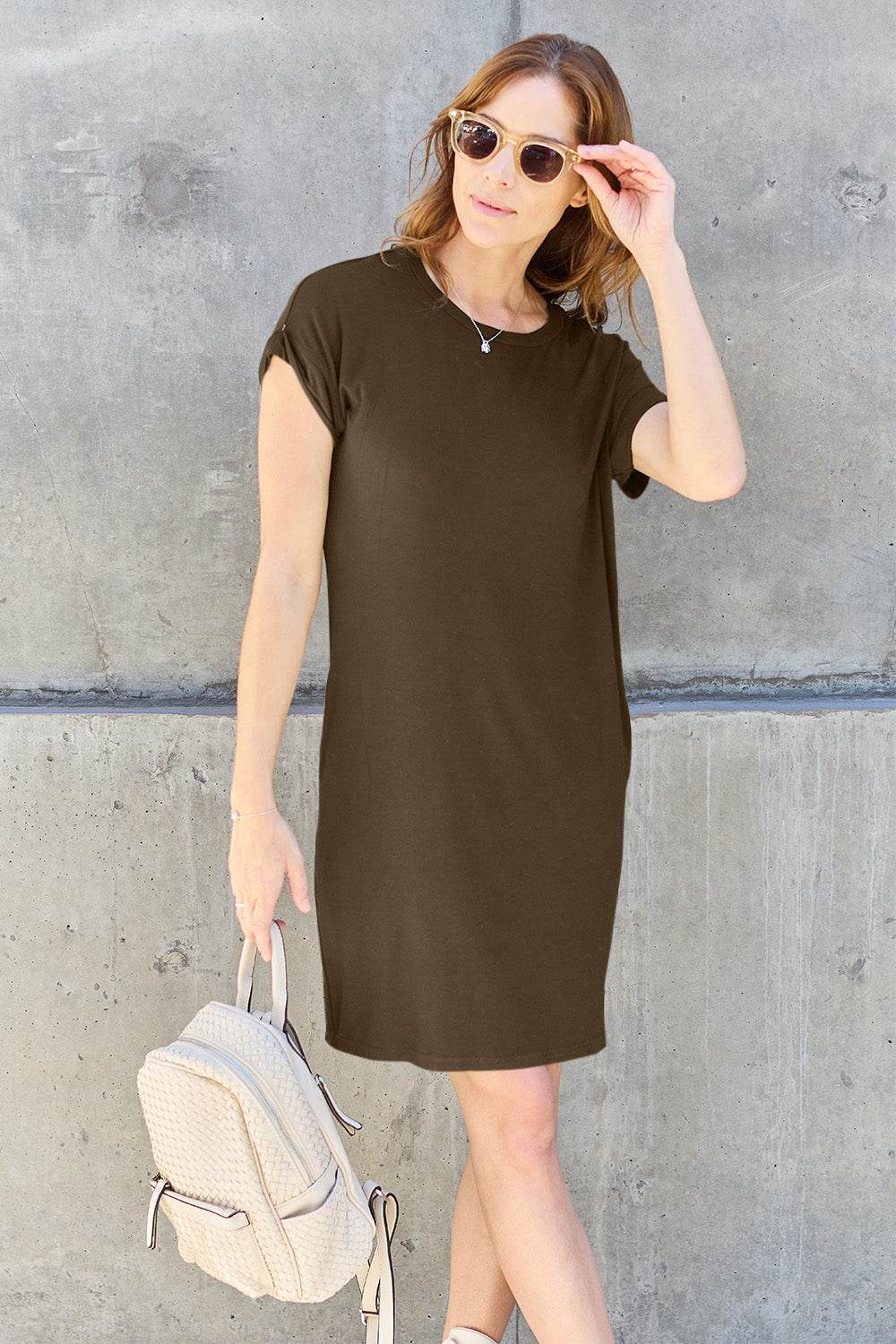 Basic Bae Full Size Round Neck Short Sleeve Dress with Pockets - Delanoir