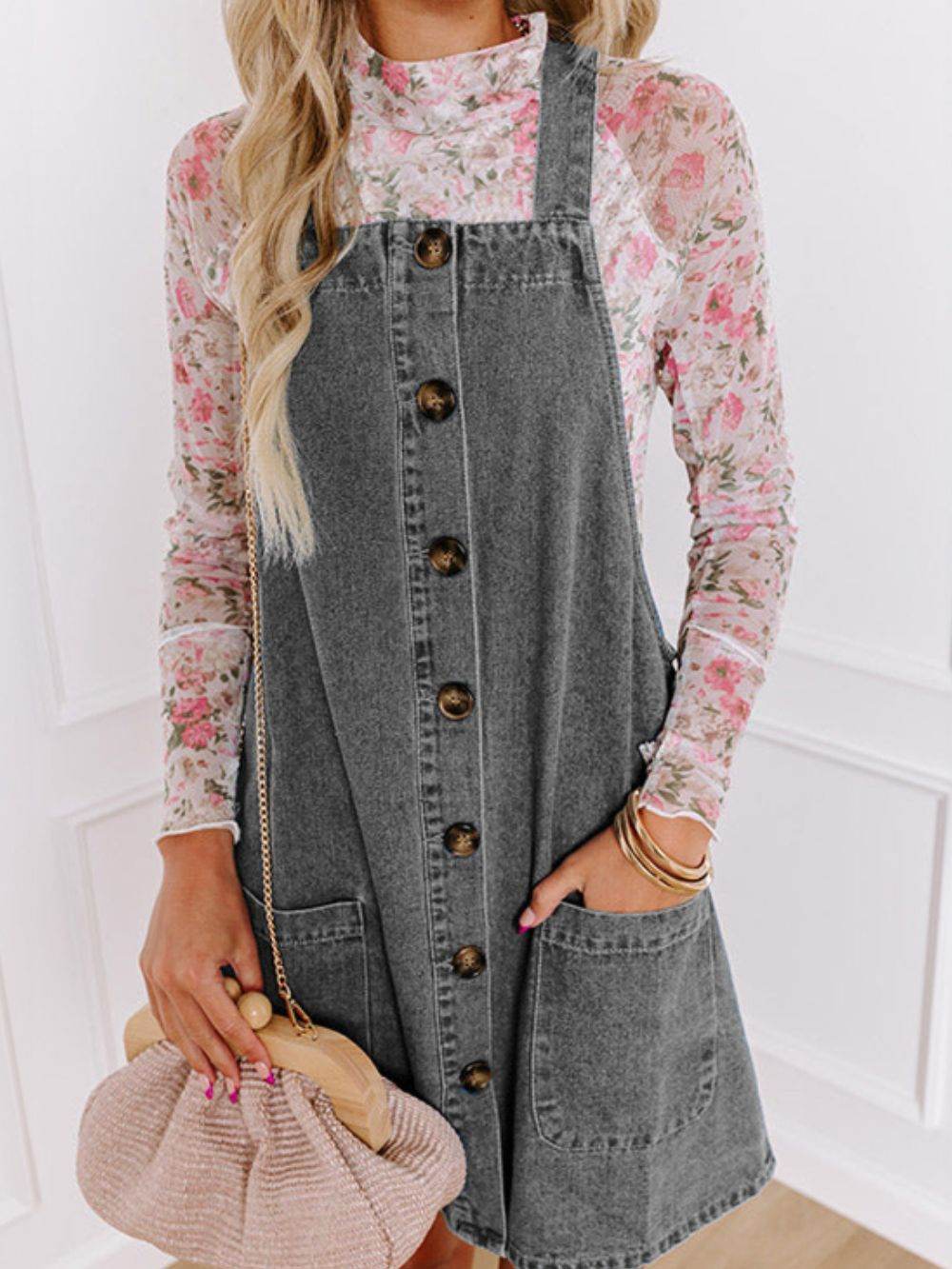Wide Strap Button Down Denim Overall Dress - Delanoir