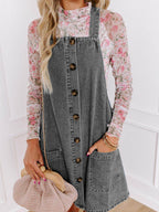 Wide Strap Button Down Denim Overall Dress - Delanoir