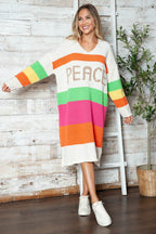 Color Block V-Neck Long Sleeve Sweater Dress - Delanoir