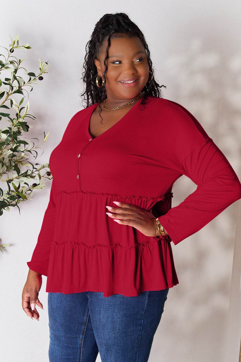 Double Take Half Button Long Sleeve Ruffle Hem Blouse - Delanoir