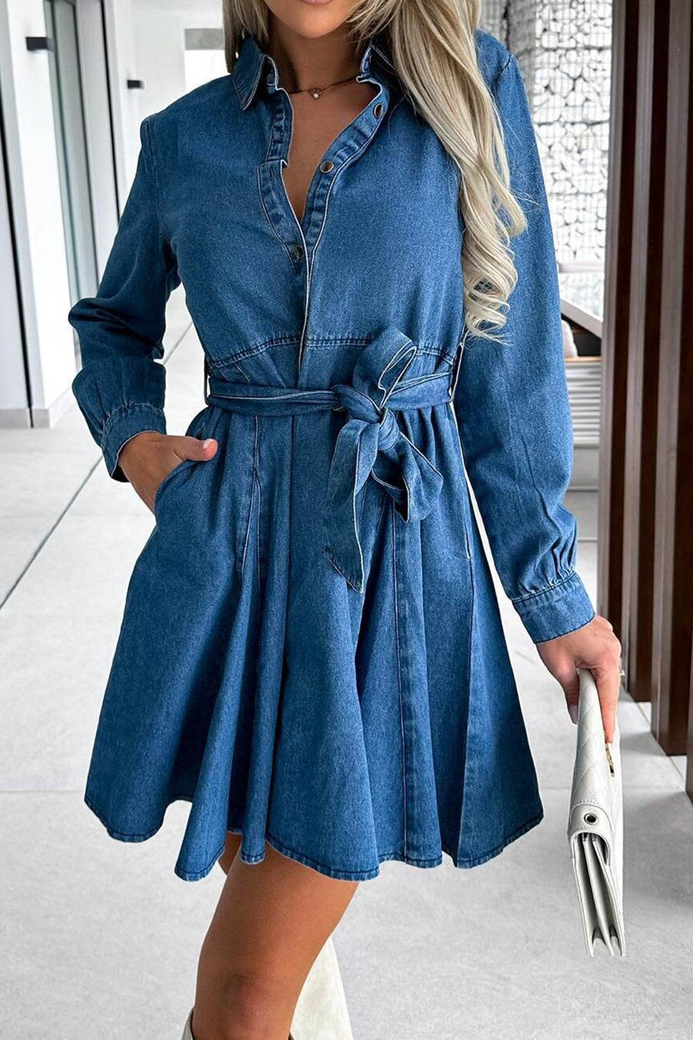Tied Half Button Long Sleeve Denim Dress - Delanoir