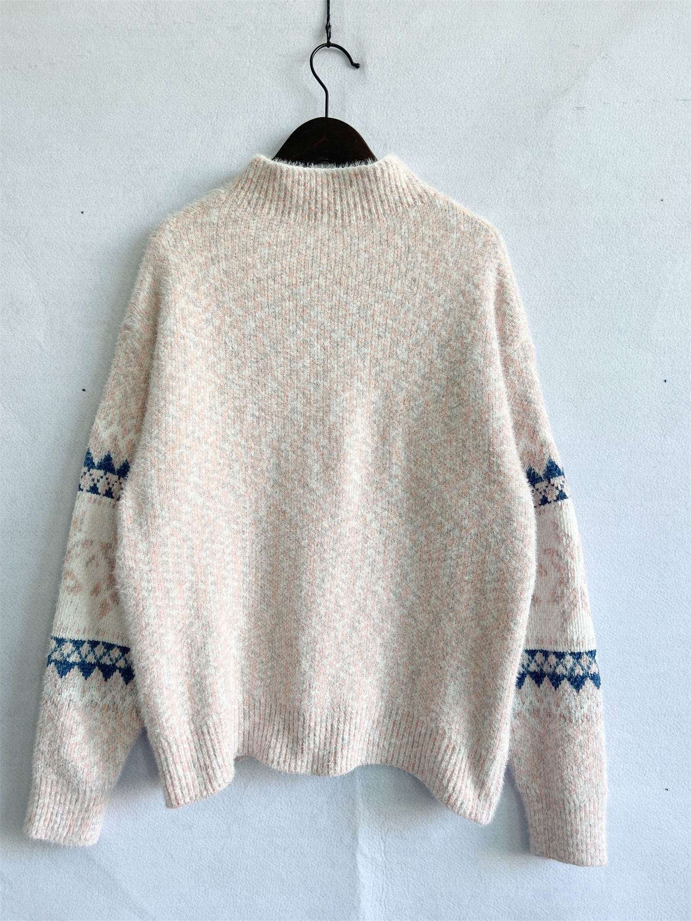 Geometric Mock Neck Dropped Shoulder Sweater - Delanoir