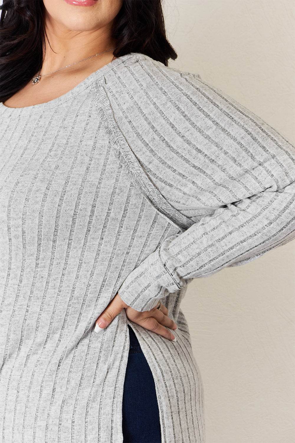 Basic Bae Full Size Ribbed Round Neck Slit T-Shirt - Delanoir