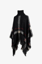 Plaid Turtleneck Raw Hem Poncho - Delanoir