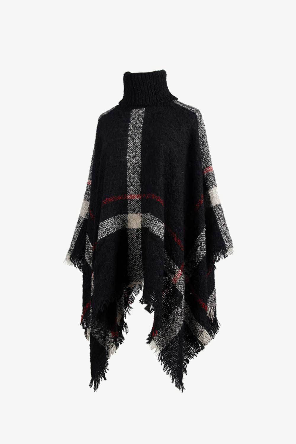 Plaid Turtleneck Raw Hem Poncho - Delanoir