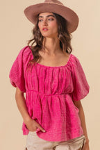 BiBi Pleated Puff Sleeve Washed Blouse - Delanoir