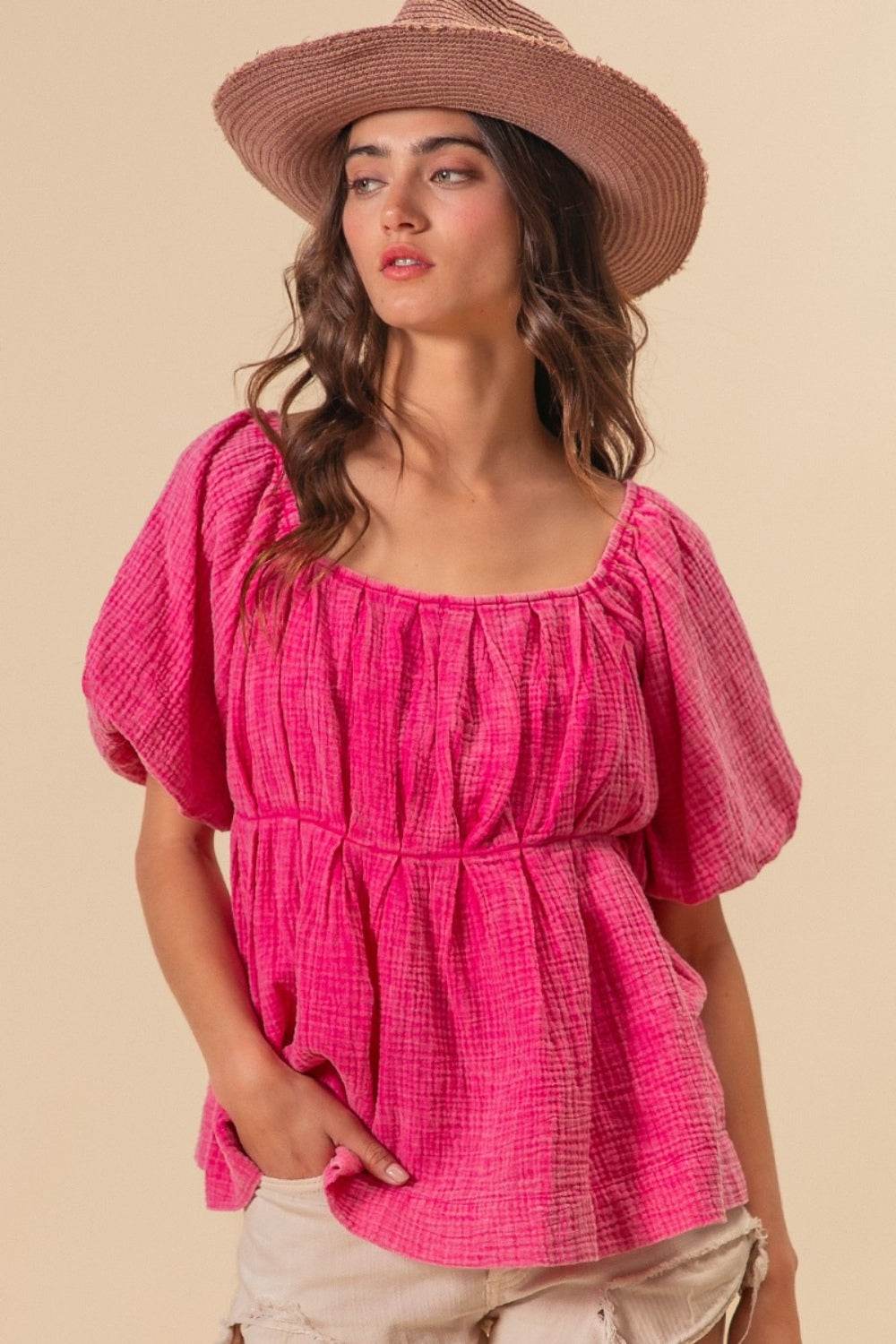 BiBi Pleated Puff Sleeve Washed Blouse - Delanoir
