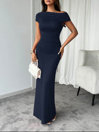Devine Ruched Single Shoulder Short Sleeve Maxi Dress - Delanoir