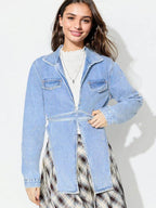 Asymmetric Slit Collared Neck Long Denim Top - Delanoir