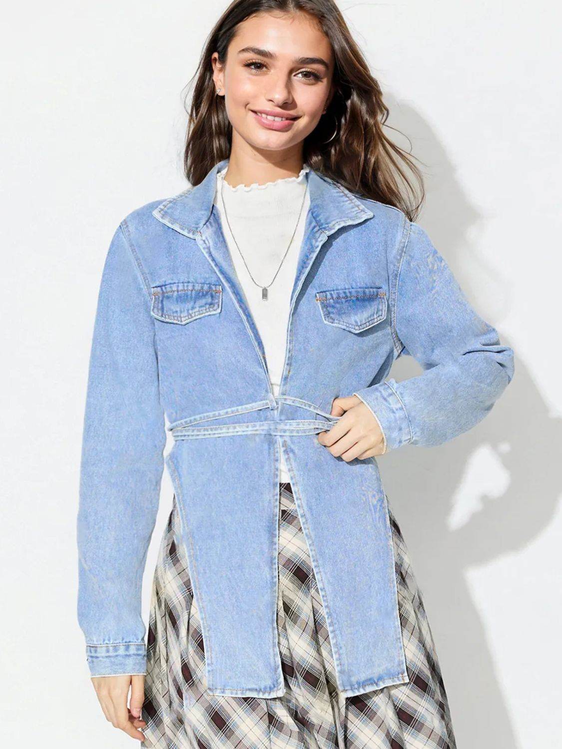 Asymmetric Slit Collared Neck Long Denim Top - Delanoir