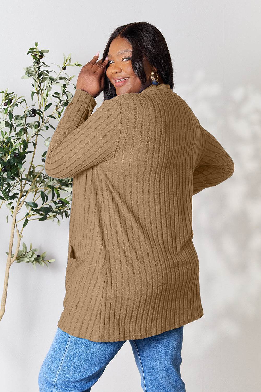 Basic Bae Full Size Ribbed Open Front Cardigan with Pockets - Delanoir