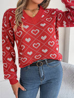 Heart Pattern V-Neck Long Sleeve Sweater - Delanoir