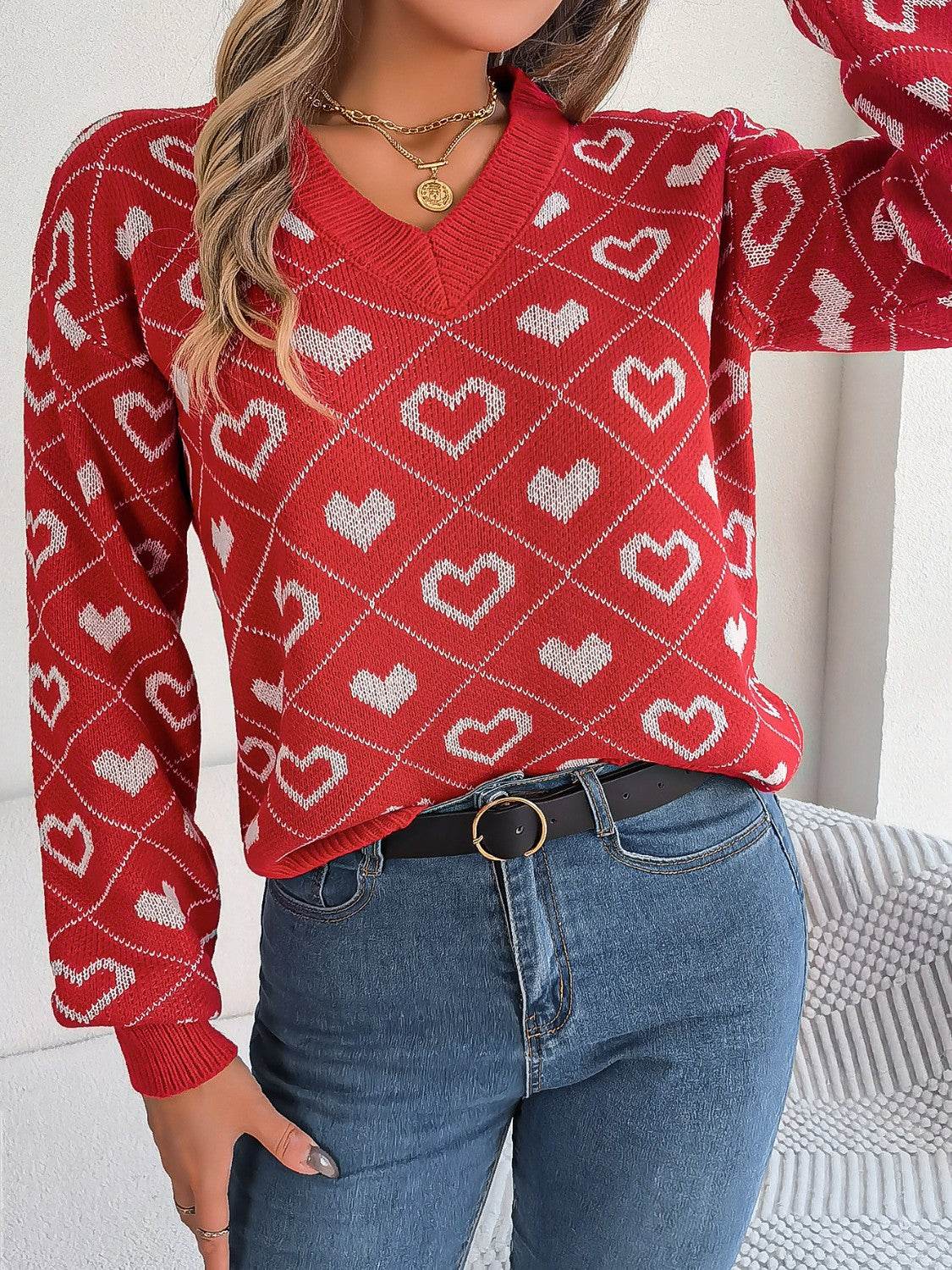 Heart Pattern V-Neck Long Sleeve Sweater - Delanoir