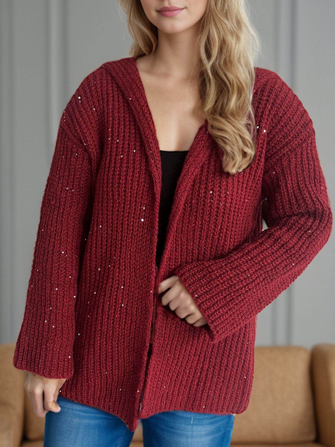 Sequin Detail Long Sleeve Hooded Cardigan - Delanoir