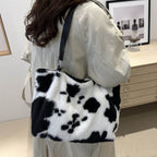 Cow Print Furry Tote Bag - Delanoir