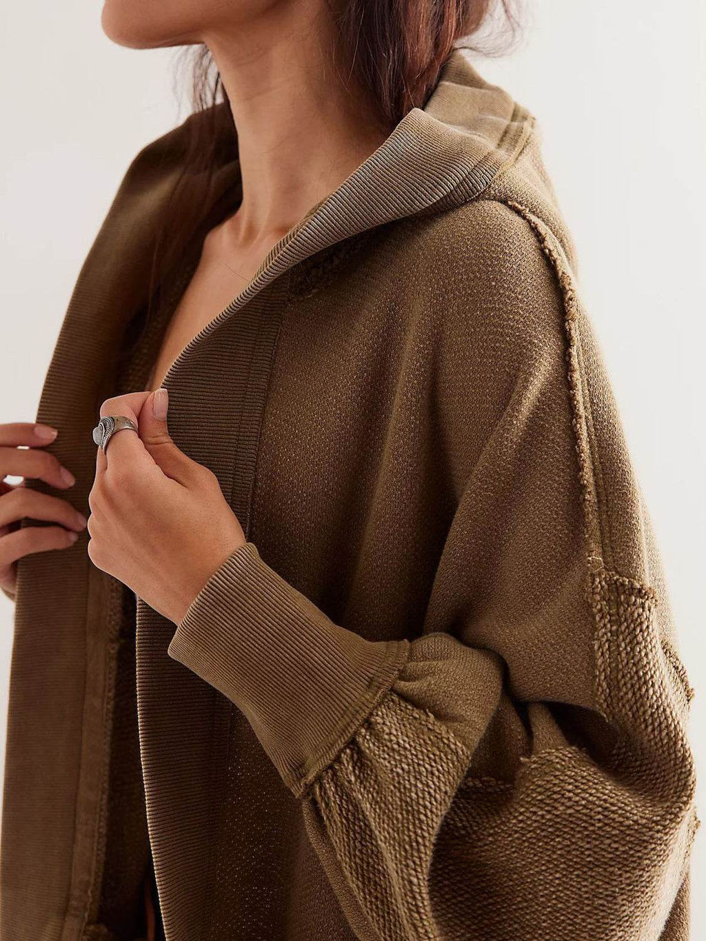 Exposed Seam Open Front Batwing Sleeve Hooded Cardigan - Delanoir