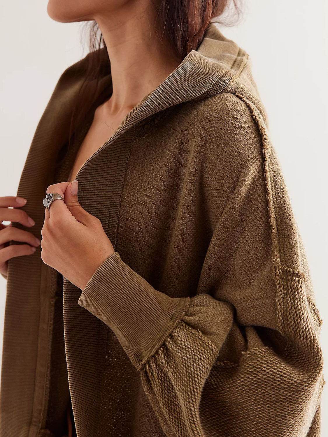 Exposed Seam Open Front Batwing Sleeve Hooded Cardigan - Delanoir