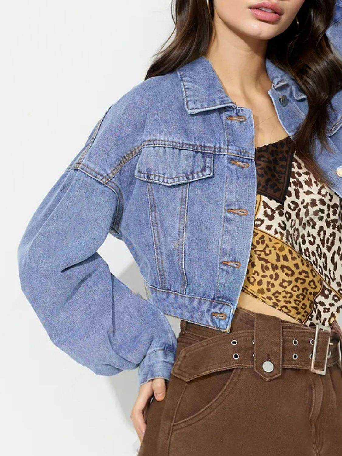 Collared Neck Dropped Shoulder Cropped Denim Top - Delanoir