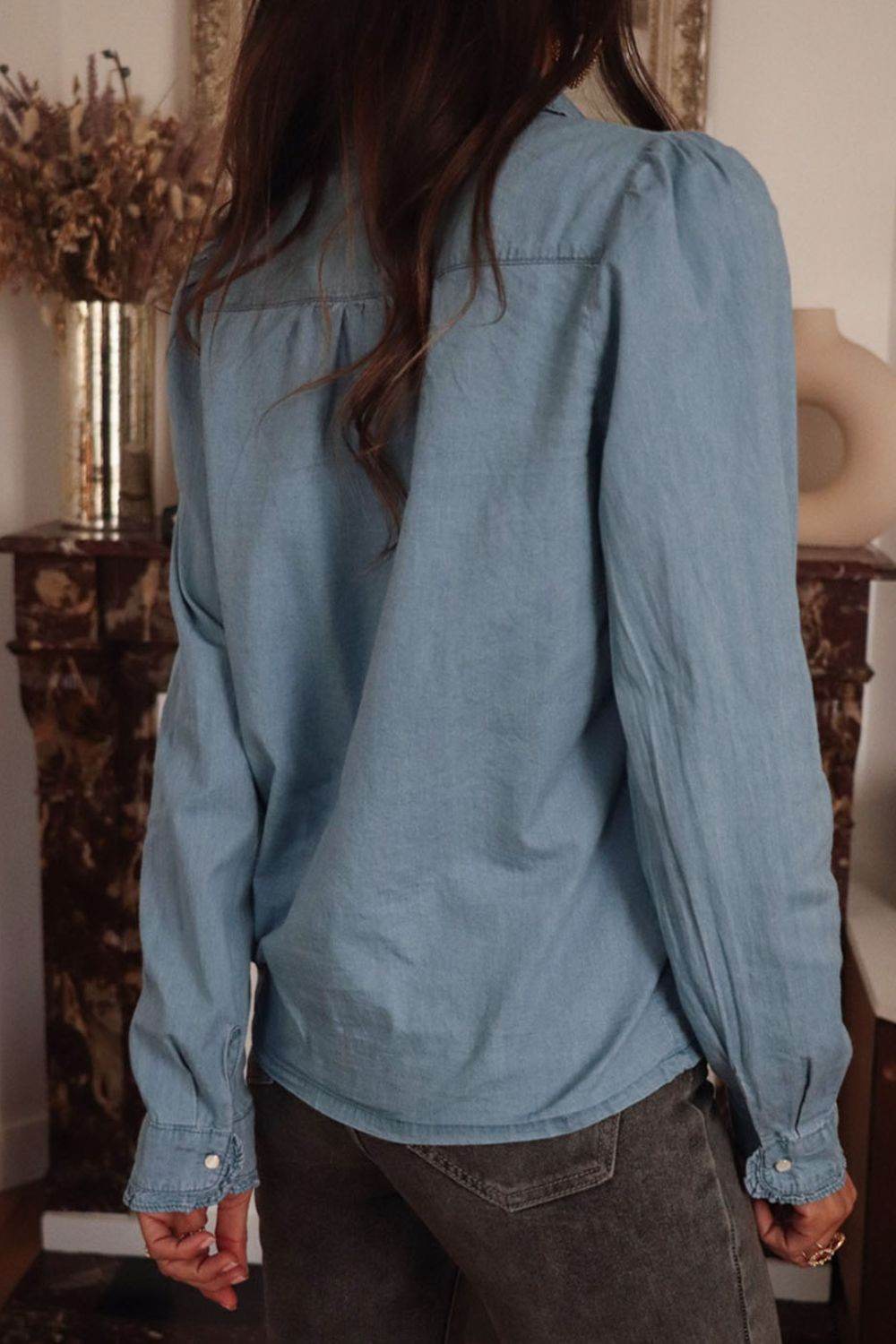 Button Up Long Sleeve Denim Top - Delanoir
