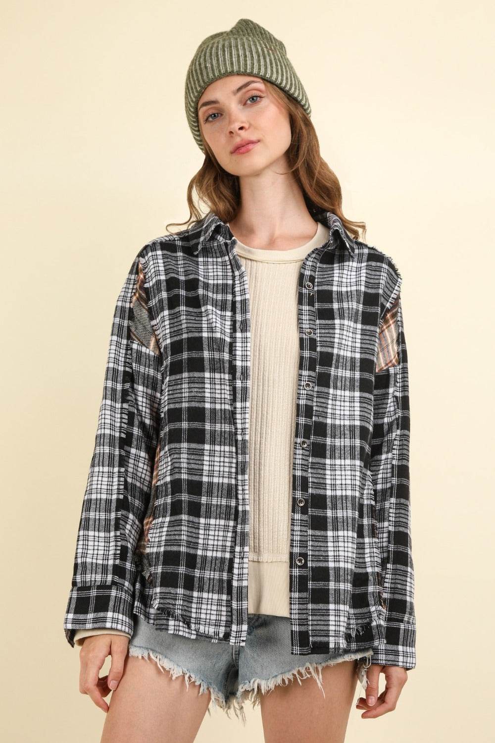 VERY J Contrast Plaid Raw Detail Shirt - Delanoir