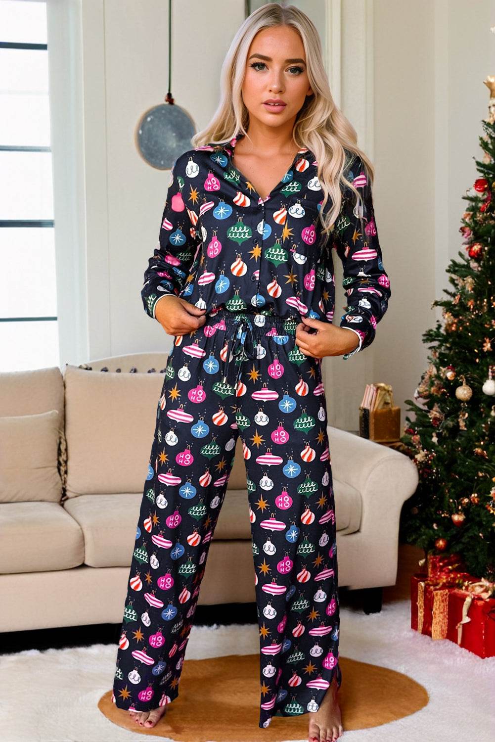 Christmas Lights Print Collared Neck Top and Pants Set - Delanoir