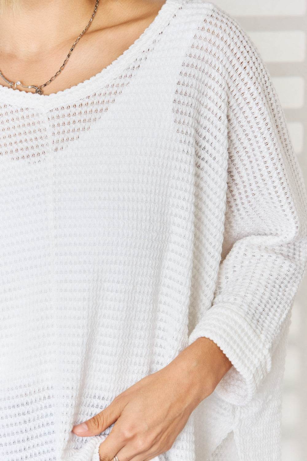 Zenana Full Size Waffle Knit V-Neck Long Sleeve Slit Top - Delanoir