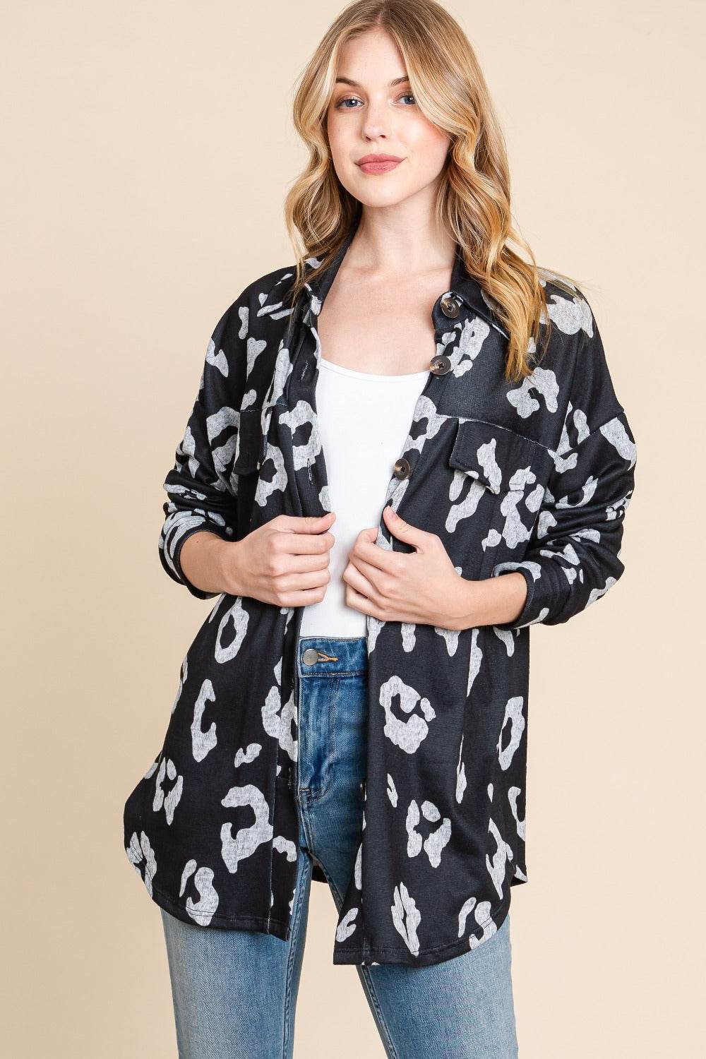 BOMBOM Animal Print Button Up Knit Shacket - Delanoir