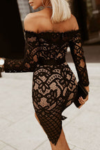 Off-Shoulder Long Sleeve Lace Dress - Delanoir